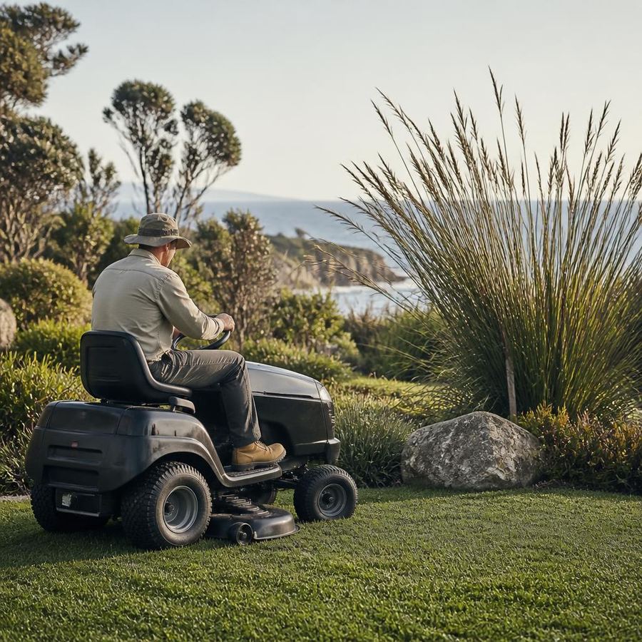 Ride-on mowing across a native grass lawn — lawn care and mowing services Illawarra